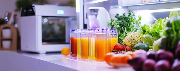 Poster - Bottles of fruit and vegetable juice sitting on a modern kitchen counter with a variety of fresh produce