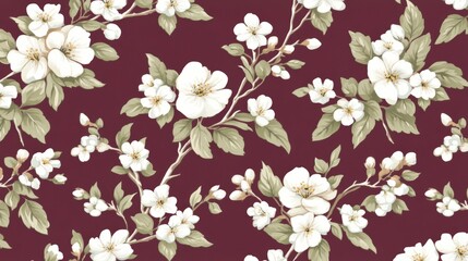 Poster - Seamless White Blossom Floral Pattern on Burgundy Background