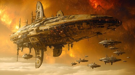 Fototapete - A massive futuristic mothership is escorted by a fleet of small alien UFOs through a dramatic cosmic nebula in a digital of a sci fi space scene