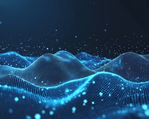 Poster - abstract glowing blue dotted landscape, particle movement on dark backdrop, for tech, science, busin