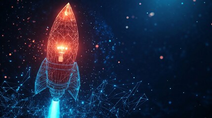 Leinwandbilder - Low poly rocket ship with a bright light bulb inside is launching from the earth, representing the power of new ideas