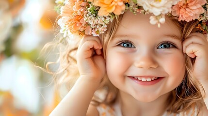 Adorable toddler girl with beautiful curly hair adjusting a fresh flower crown on her head gazing with a joyful and cheerful smile outdoors in a natural setting