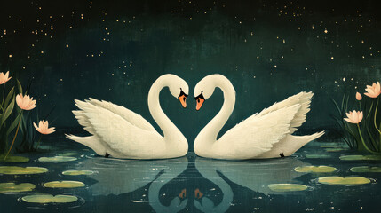 Naklejka na meble Swan Love: Two elegant white swans gracefully form a heart shape on a tranquil lake, their reflection mirrored in the calm water, creating a serene and romantic scene.