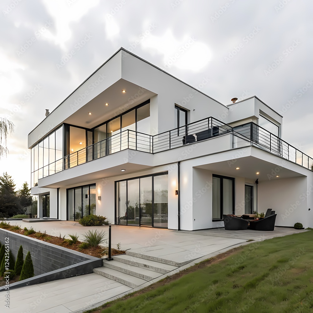 Modern luxury white house exterior design with large windows and ...