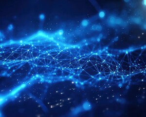 Poster - glowing network of connected nodes and lines in dark blue space background for tech or science visua