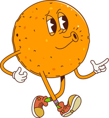 Poster - Cartoon retro groovy orange fruit character whistle while walks energetically, exuding sense of excitement and fun. Isolated vector ripe cheerful tropical mandarin citrus fruit personage in sneakers
