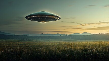 Poster - Blurred image of a rapidly moving alien spacecraft or unidentified flying object UFO crossing the twilight sky over a serene rural landscape of fields and hills  The futuristic craft has an ethereal