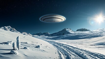 Poster - Bright unidentified object hovering ominously above a snowy mountainous landscape casting long mysterious shadows across the frozen tundra  Mysterious and futuristic sci fi phenomenon in the cold