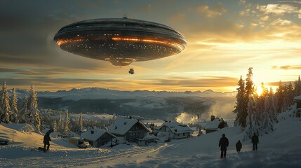 Poster - Bright unidentified object or craft hovering silently above a serene snow covered landscape casting long shadows as the sun sets behind the mountains in a dramatic