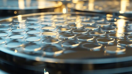 Aufkleber - Close-up of multiple petri dishes containing transparent samples for a laboratory scientific experiment