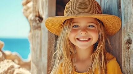 Cheerful young girl in a stylish straw sunhat with a bright happy expression enjoying a sunny summer day outdoors in a natural setting  She looks carefree blissful and radiant with joy and optimism