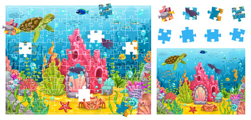 Aufkleber - Cartoon ocean underwater landscape, jigsaw puzzle game pieces with sea animals, fish and corals. Kids puzzle quiz vector worksheet of ocean bottom background with sea turtle, squid, crab jigsaw pieces