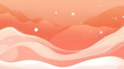 Wall Mural - Peachy sunset, wavy hills, starry sky, design