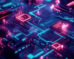 Poster - futuristic circuit board, glowing neon, technological background, for tech websites