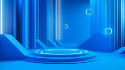Aufkleber - A futuristic blue environment featuring glowing geometric shapes and illuminated lines, creating a vibrant and dynamic atmosphere.