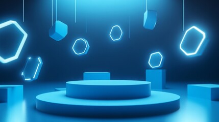 Aufkleber - A futuristic scene featuring glowing blue hexagons suspended in space against a dark backdrop, with a circular platform at the center.