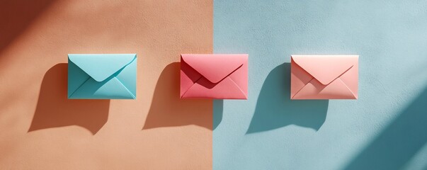 Poster - Three closed envelopes casting long shadows on a blue and peach background