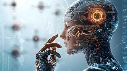 Aufkleber - Cyborg hacking into an advanced alien control system to disable enemy spacecraft using a futuristic digital interface with holographic visualization and data analytics
