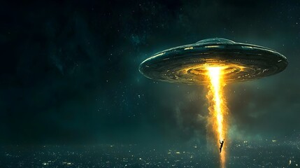 Poster - Dramatic beam of light emanating from a hovering unidentified flying object in the night sky lifting a person into the air in a mysterious extraterrestrial abduction scene