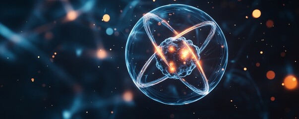 Aufkleber - glowing atom particle with nucleus and orbiting electrons is showing a concept for nuclear fusion or