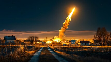 Poster - Dramatic image capturing an unexpected aerial phenomenon potentially a rocket or spacecraft launch erupting with a fiery explosion against the backdrop of a raging lightning storm in a remote