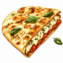 Wall Mural - Deliciously Baked Flatbread with Tomato and Cheese Filling Garnished with Basil Leaves