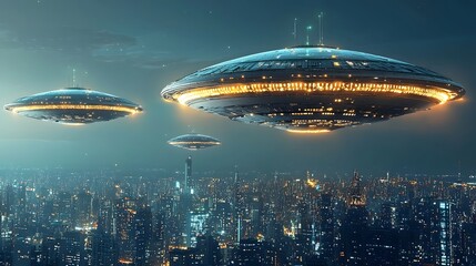 Poster - Dramatic scene of giant floating monolithic structures of extraterrestrial origin hovering above the brightly lit skyline of a futuristic advanced metropolitan city at night  The surreal