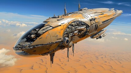 Aufkleber - Futuristic alien spacecraft with an intricate metallic design floating gracefully above an expansive empty desert landscape
