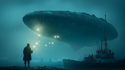Poster - Glowing alien probes descending from a mysterious UFO over a remote solitary island in the middle of the dark ominous ocean at night  Sci fi concept of extraterrestrial and discovery