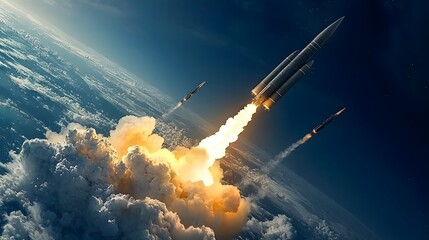 Poster - Futuristic Warship Launching Missiles and Rockets to Defend Earth Against an Approaching Alien Fleet in Outer Space
