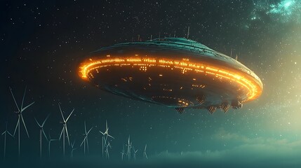 Poster - Glowing disc shaped unidentified flying object UFO accelerating rapidly past a row of wind turbines against a starry night sky at dusk  The scene has a futuristic