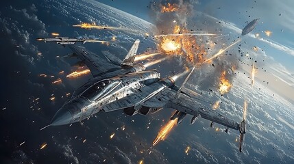 Poster - Intense aerial battle between human fighter jets and alien spacecraft unfolding in the skies above Earth s atmosphere with explosions missiles and high speed maneuvers