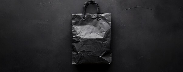 Poster - Flat black paper bag crumpled on a black background with space for text