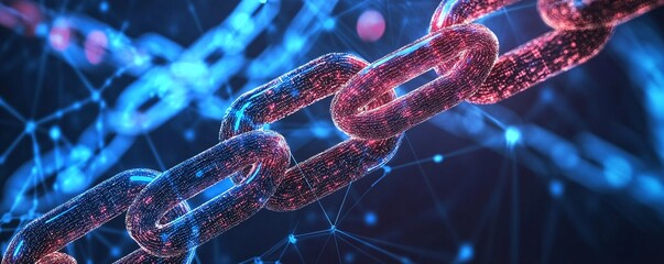 Aufkleber - Blockchain technology concept showing a digital chain connecting on a network background with glowing nodes