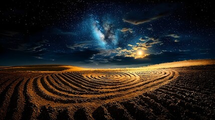 Poster - Mystical abandoned field with strange glowing crop circles and swirling lights in the dramatic starry night sky  Mysterious and enigmatic celestial patterns over the rural landscape