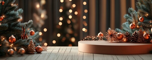 Poster - Festive empty podium on a wooden table is ideal for displaying your product