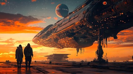 Poster - Silhouetted figures of survivors from a spacecraft crash encounter an advanced alien civilization on a futuristic planet with a dramatic twilight sky and landscape