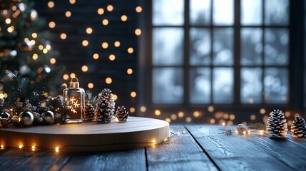 Aufkleber - Cozy christmas home interior illuminated by a festive lantern with a snowy window in the background