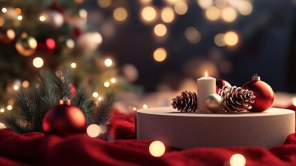 Poster - Christmas ornaments and pine cones arranged on a white pedestal with a burning candle, set against a backdrop of twinkling christmas lights