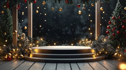 Poster - Podium ready for product presentation in a festive christmas setting with falling snow and cozy lights