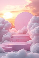 Poster - Sunset pink marble product display podium with round background and fluffy clouds