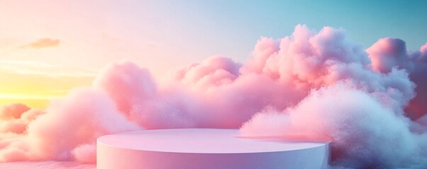 Poster - Minimalistic product display with empty white round podium floating in dreamy pink cloudscape at sunset
