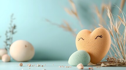 Poster - Close up of a pastel makeup sponge being gently held by small fingers with a blurred minimalist background  Soft abstract composition highlighting the texture and colors of the beauty product