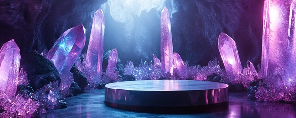 Poster - Inside a mystical crystal cave, a circular stage glows with purple and blue lights