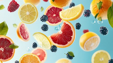 Poster - Invigorating mix of citrus fruits and berries frozen in motion against a bright teal backdrop