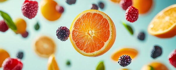 Poster - Ripe orange slice and blackberries tumbling on a soft blue backdrop