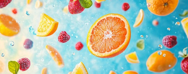 Fototapete - Citrus fruits and raspberries sliced and halved, splashing on a blue backdrop with water droplets