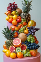 Poster - Eye-catching display of nature's bounty: a beautiful selection of fresh fruits artfully arranged on pastel purple pedestals