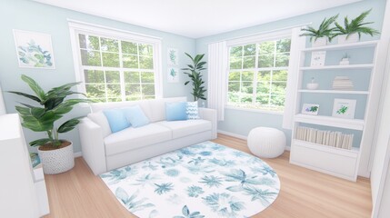 Canvas Print - Serene Living Room with Blue Accents and Plants