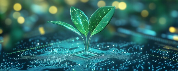 Poster - Computer microchip sprouts a green plant, representing the idea of eco-friendly technology